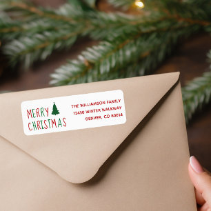 Étiquette Joyeux Noël mignon Arbre vert rouge Adresse de ret