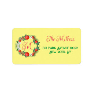 Étiquette Joyeux Noël moderne couronne rouge vert jaune