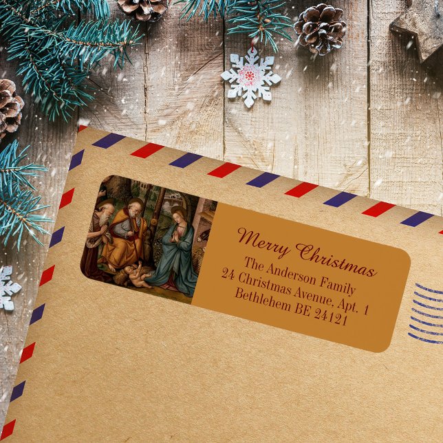 Étiquette Joyeux Noël Nativité Scène Christian catholique (Merry Christmas Classic Vintage Nativity Scene Religious Christian Catholic Return Address Label)