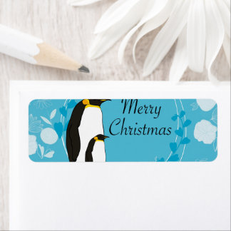 Étiquette joyeux noël, noël,pingouin,fleurs,bleu,