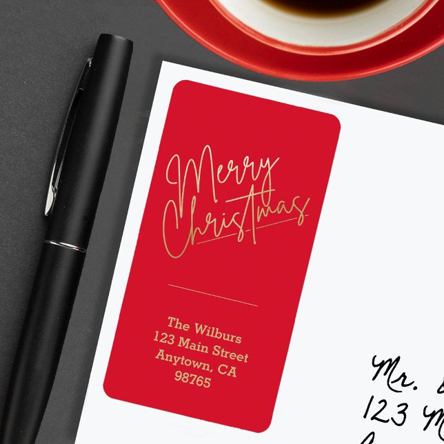 Étiquette Joyeux Noël or sur l'adresse de Noël rouge (Gold Merry Christmas on Red Return Address Labels)