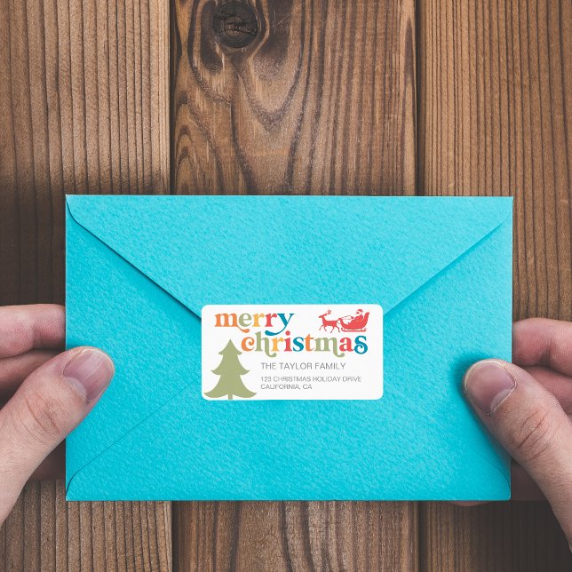 Étiquette Joyeux Noël Pine colorée Père Noël Adresse de reto (Créateur téléchargé)