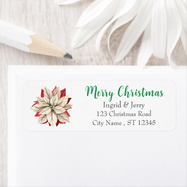 Étiquette Joyeux Noël Poinsettia Fleur Aquarelle Cadeaux (En situation)