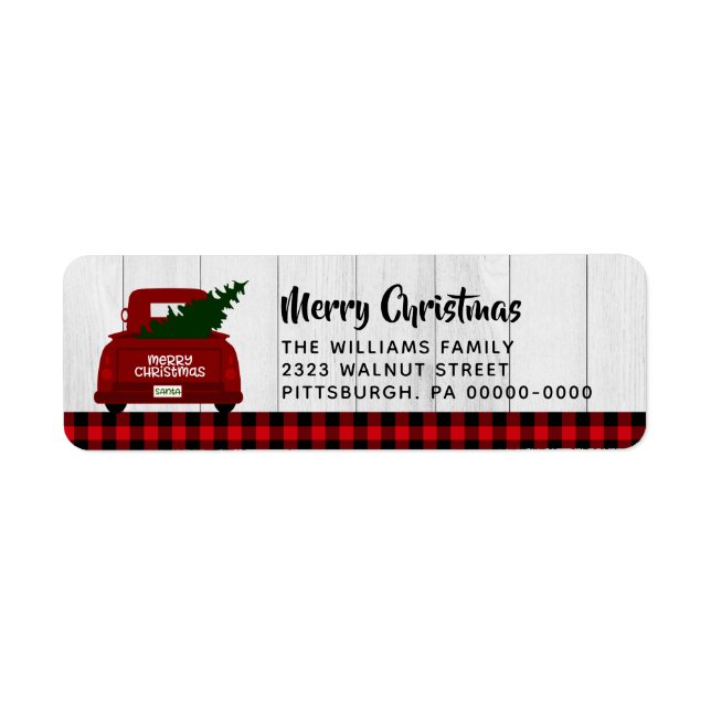 Étiquette Joyeux Noël Red Trucand Arbre Rouge Plaid (Devant)