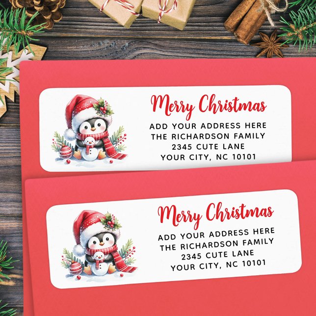 Étiquette Joyeux Noël Rouge blanc mignon Pingouin personnali (Créateur téléchargé)