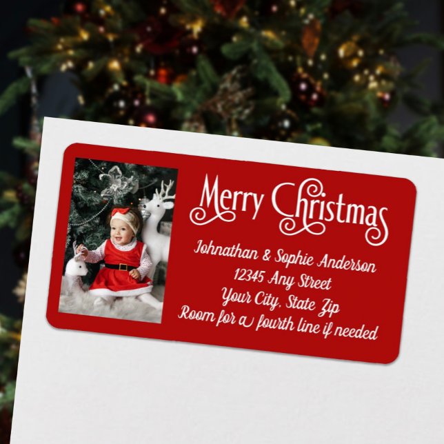 Étiquette Joyeux Noël Rouge et Blanc Photo Retour Adresse (Merry Christmas Red and White Photo Return Address Label)
