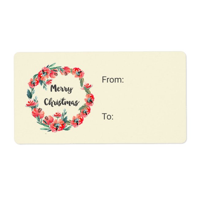 Étiquette Joyeux Noël Rouge Floral Aquarelle Wreath (Devant)