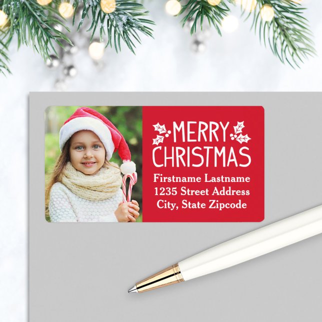 Étiquette Joyeux Noël Rouge Photo personnalisée Adresse de r (Créateur téléchargé)