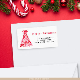 Étiquette Joyeux Noël Rouge rose Arbre Bois Vacances