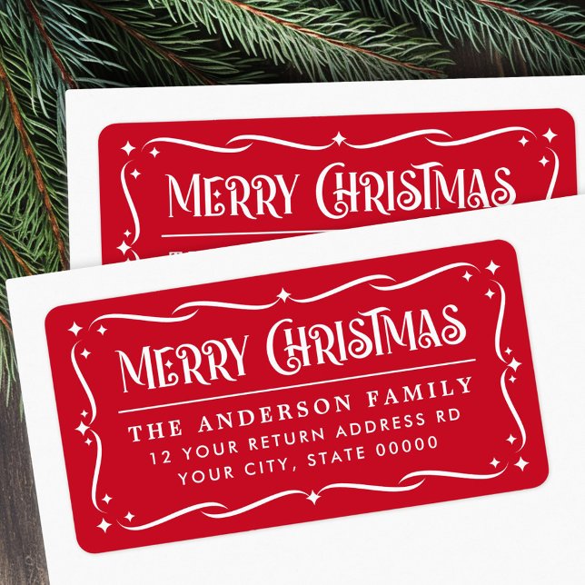 Étiquette Joyeux Noël rouge rouge blanc adresse de retour (Festive Merry Christmas red white return address Label)