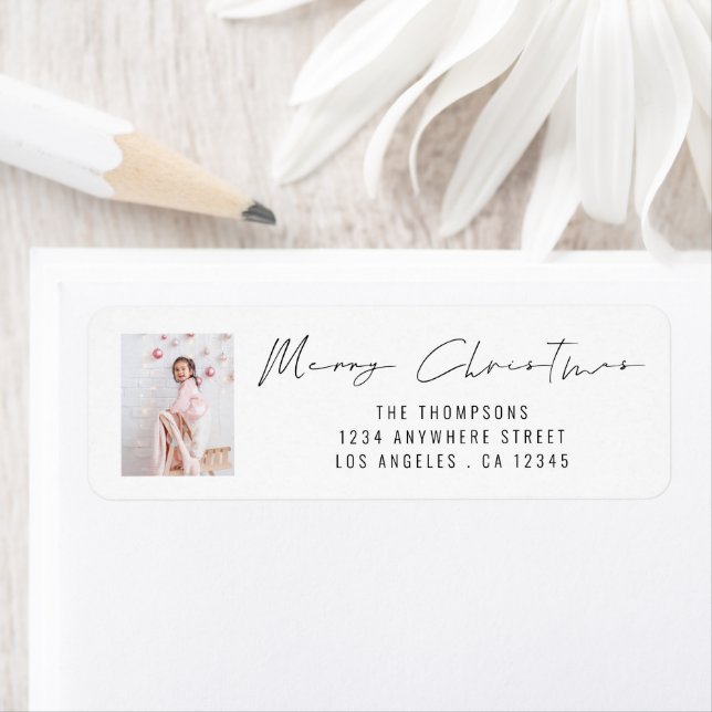 Étiquette Joyeux Noël Script Photo Retour Adresse (En situation)