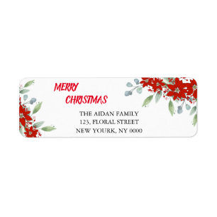 Étiquette Joyeux Noël Simple Rouge Poinsettia Floral
