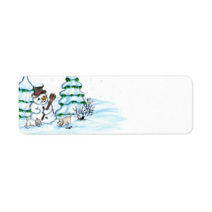 Étiquette Joyeux Noël ! Snowman avec chat et chiot