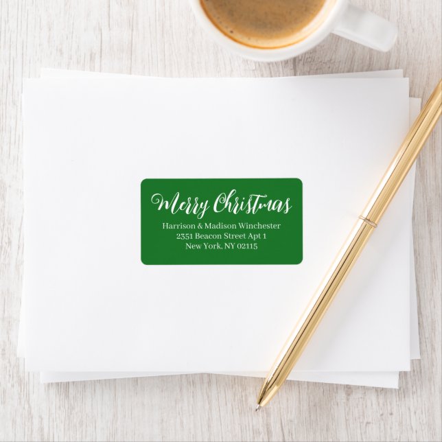 Étiquette Joyeux Noël vert moderne script Retour Adresse (En situation)
