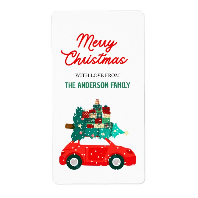 Étiquette Joyeux Noël vintage voiture rouge (Devant)