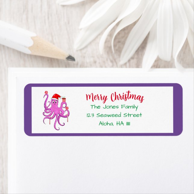 Étiquette Joyeux Noël violet Père Noël Octopus (En situation)