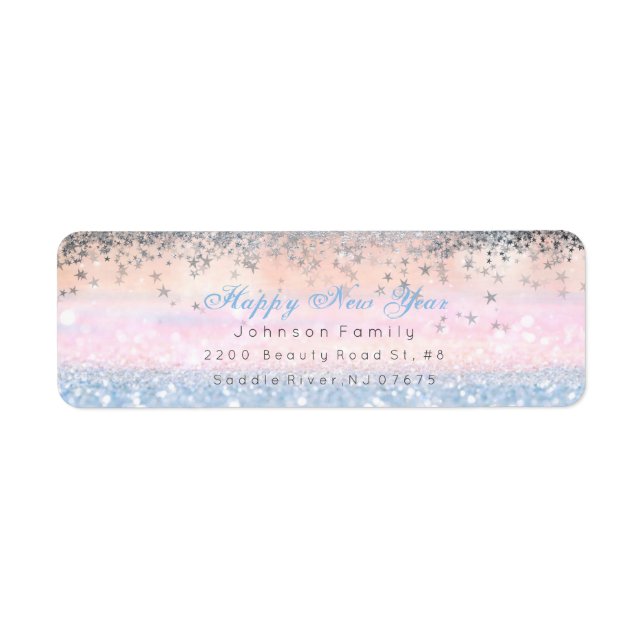 Étiquette Joyeux Nouvel An Ombre Argent Stars Rose neige (Devant)