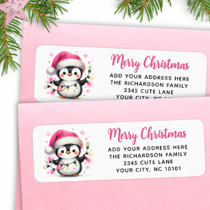 Étiquette Joyeux Pingouin rose mignon de Noël avec lumières