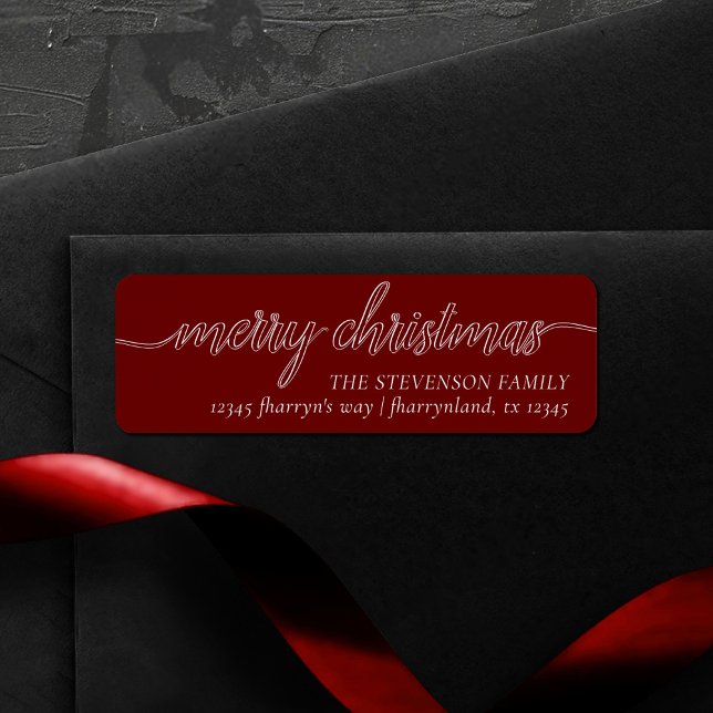 Étiquette Joyeux script de Noël | Festive Dark Red Adresse (Créateur téléchargé)