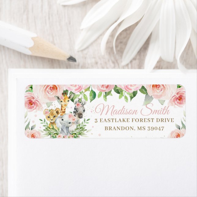 Étiquette Jungle Animaux Blush Pink Floral Adresse de retour (En situation)