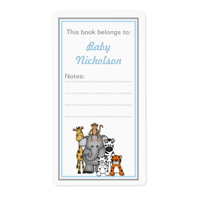 Étiquette Jungle Animaux plaques baby shower bleu gris (Devant)