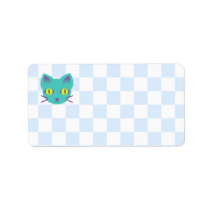 Étiquette Kawaii Anime Kitty Chat Bleu et Blanc Checkerboard