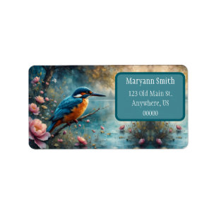 Étiquette Kingfisher perché sur des fleurs roses d'eau