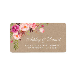 Étiquette Kraft Aquarelle Floral rose Mariage Adresse