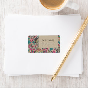 ÉTIQUETTE KRAFT BOHO TRIBAL IKAT PINK ADRESSE TURQUOISE MARI