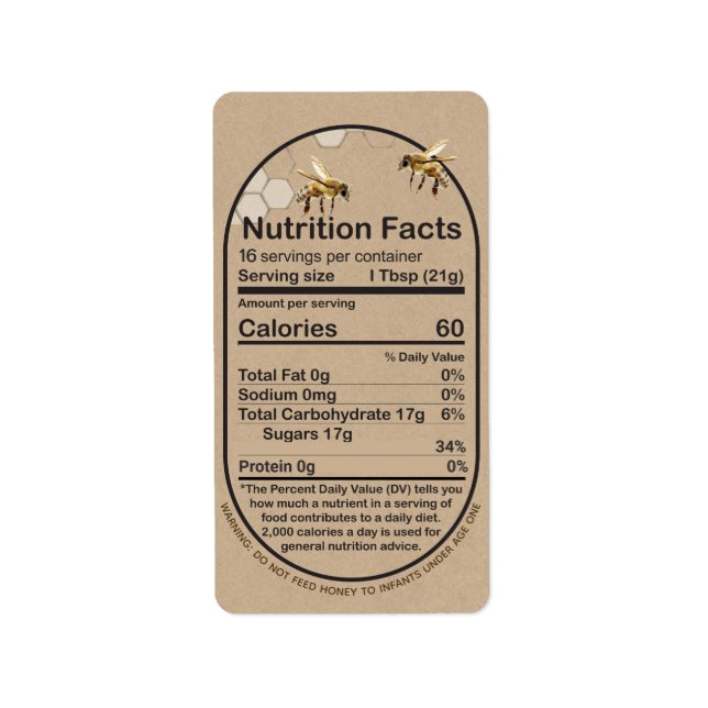 Étiquette Kraft Honey Nutrition Fact Bee Comb Avertissement  (Devant)