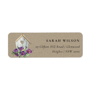 ÉTIQUETTE KRAFT PAYS VIOLET FLORAL BIRD HOUSE ADRESSE