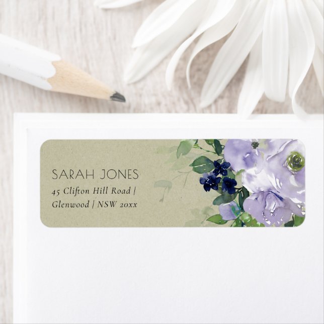Étiquette Kraft Violet Violet Navy Floral Feuille Adresse (En situation)