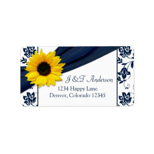 Étiquette Label de retour de Sunflower Navy Mariage damassé