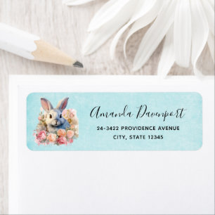 Étiquette Lapin avec une guirlande de roses Adresse mignonne