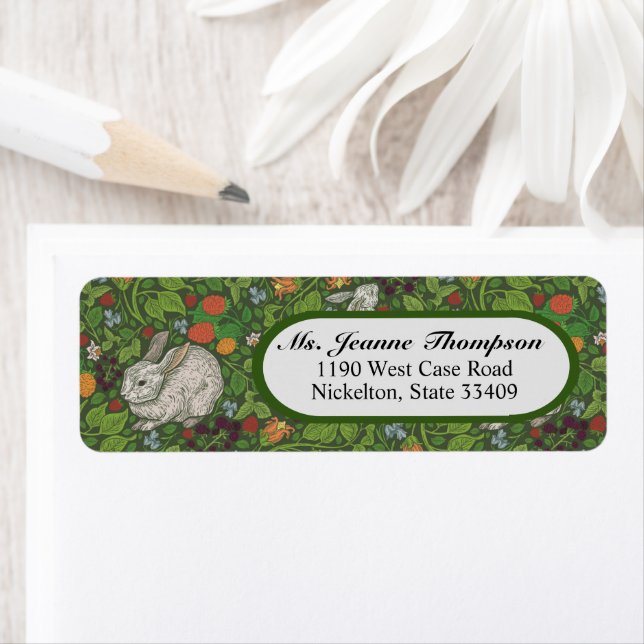 Étiquette Lapin blanc vintage victorien dans un jardin (En situation)