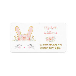 Étiquette Lapin Floral Rose / Joli Lapin Retour Adresse
