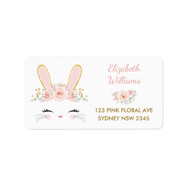Étiquette Lapin Floral Rose / Joli Lapin Retour Adresse (Devant)