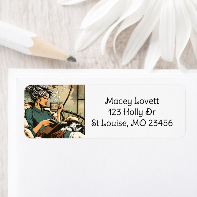 Étiquette Lecture douce Lady avec café et chat (En situation)