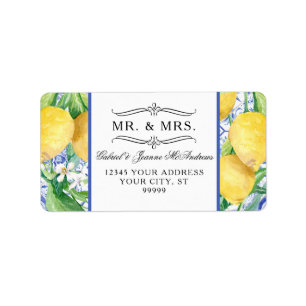 Étiquette Lemon Foliage Citrus Floral Wreath Blue White Tile