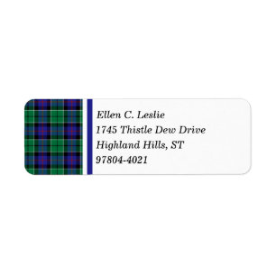 Étiquette Leslie Clan Royal Blue et Green Scottish Tartan