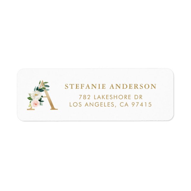 Étiquette LETTRE Faux Gold Foil A MONogramme Jolies fleurs (Devant)