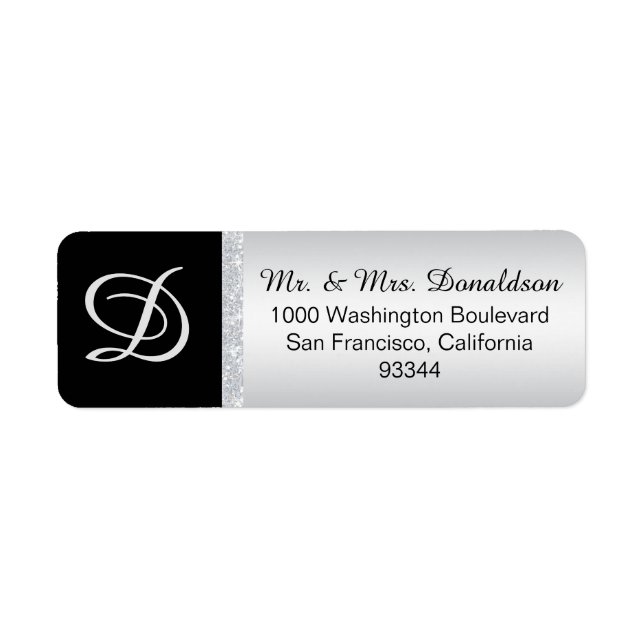 Étiquette LETTRE Parties scintillant D'ARGENT NOIR MONogramm (Devant)