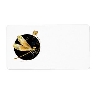 Étiquette libellule d'or en cercle noir