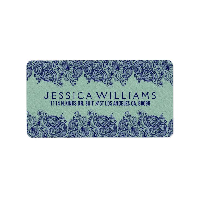 Étiquette Ligne Faux Vert Mint Dentelle Paisley Bleue (Devant)