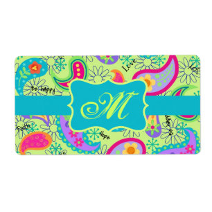 Étiquette Lime Vert Turquoise Moderne Paisley Monogramme