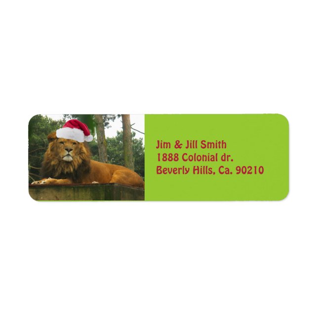 Étiquette Lion de Noël portant le chapeau du Père Noël (Devant)