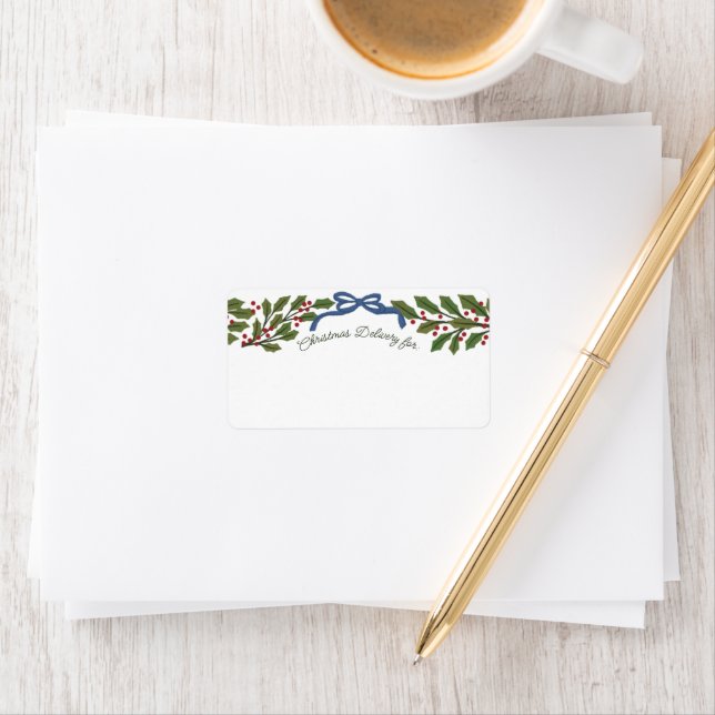 Étiquette Livraison de Noël à Blue Bow et Holly Garland (En situation)