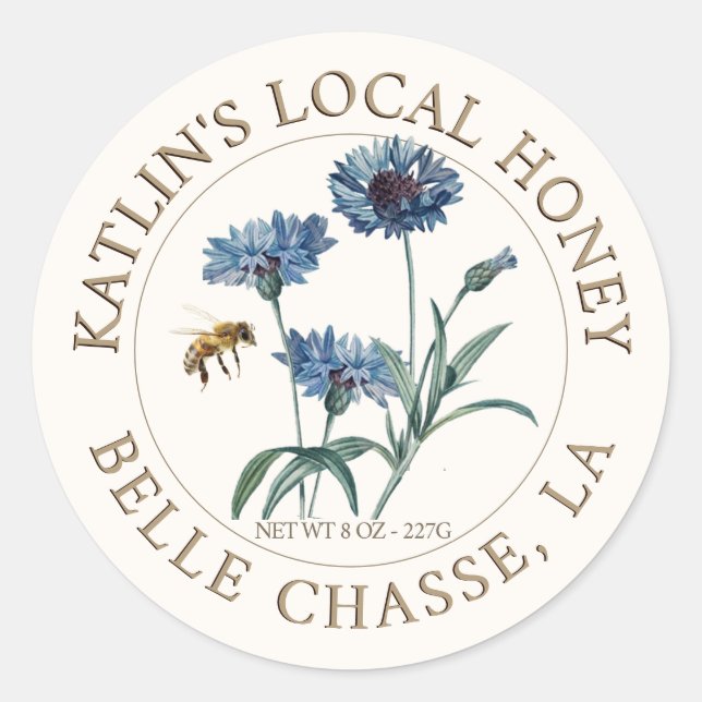 Étiquette local de miel avec aster bleu et abeille (Devant)