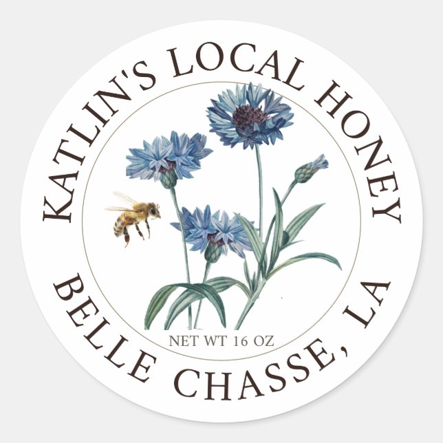 Étiquette local de miel Blue Aster Flower et abeil (Devant)