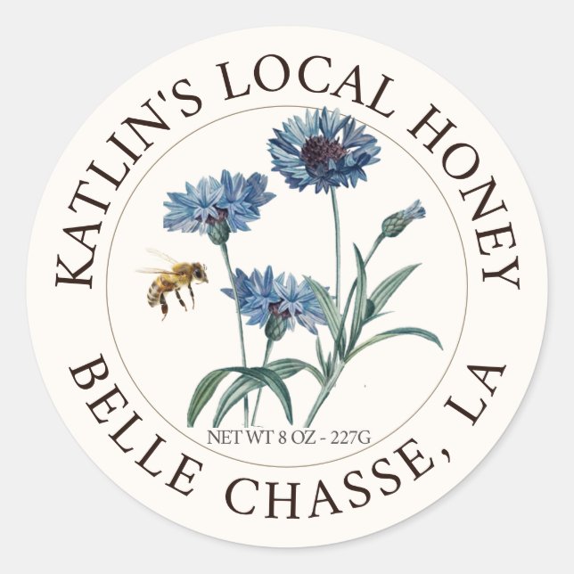 Étiquette local de miel Blue Aster Flower et abeil (Devant)